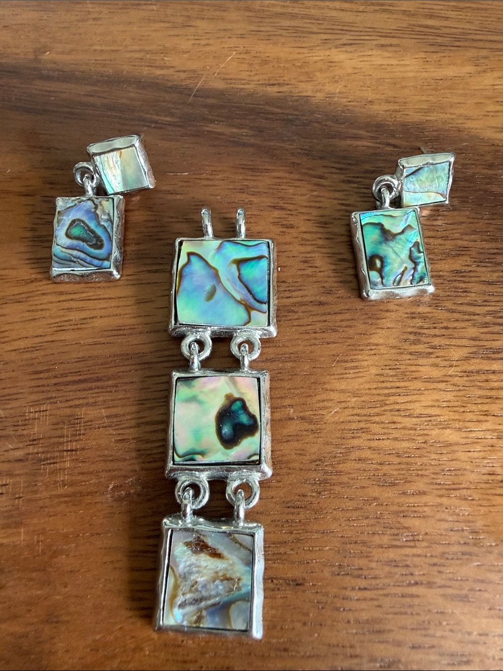 Abalone Shell Silver-Tone Drop Pendant and Earring Set